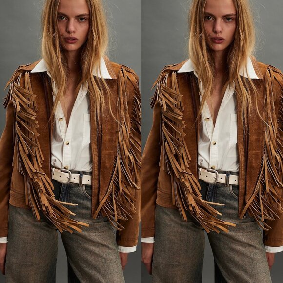 Free People Western Inspired Shawl in Tan 100% Leather OS NWT